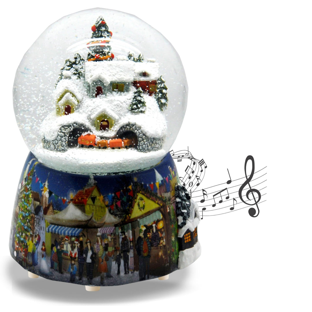 Schneekugel Weihnachten Spieluhr | Berglandschaft mit Zug | Sockel Winterlandschaft Polyhaus | mit M