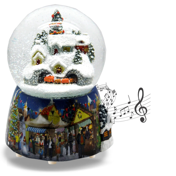 Schneekugel Weihnachten Spieluhr | Berglandschaft mit Zug | Sockel Winterlandschaft Polyhaus | mit M