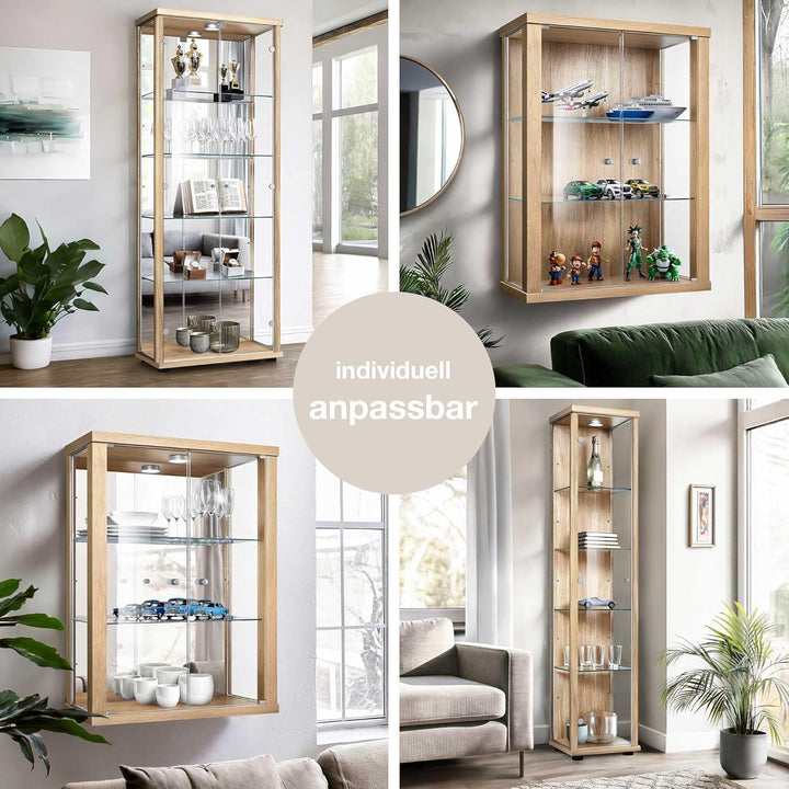 K-Möbel Hängevitrine in Buche (80x60x25 cm) mit 2 höhenverstellbaren Glasböden, Spiegel & LED - Mode