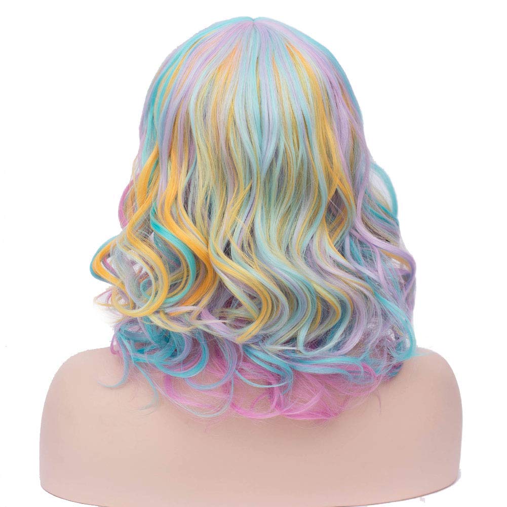 BERON 35,6 cm Regenbogen-Perücke, kurze gewellte Perücke, Regenbogen-Perücken mit Pony, Bob-Perücke,