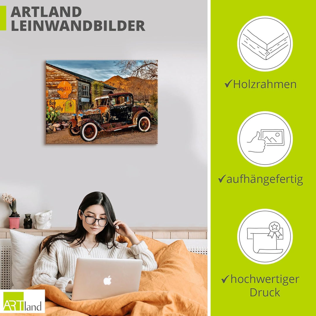 ARTland Leinwandbilder Wandbild Bild auf Leinwand 80 x 60 cm Wanddeko USA Westen Arizona Tankstelle