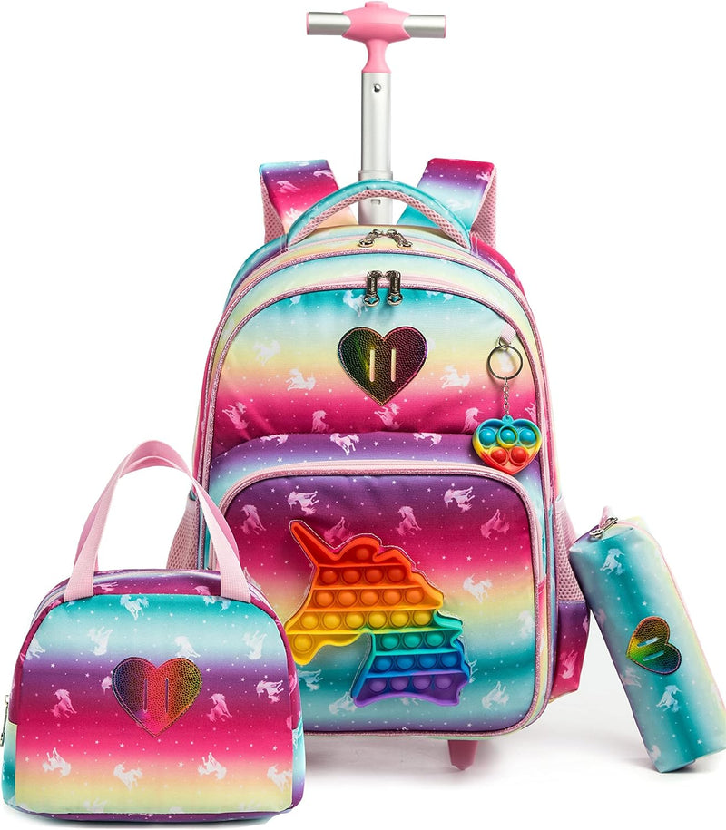 HTgroce Schulranzen Mit Rollen Rollrucksack Schulranzen mit Rollen für Mädchen Pop it Rucksack mit L