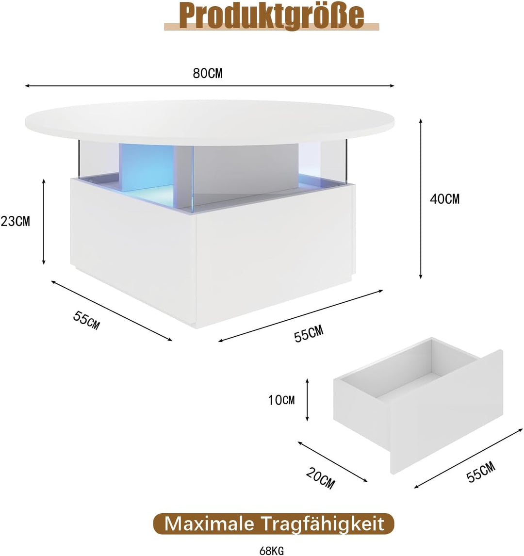 KEEPREAPER Couchtisch rund, Wohnzimmertisch mit 16-Farbiger LED Beleuchtung, für Wohnzimmer 80 x 80