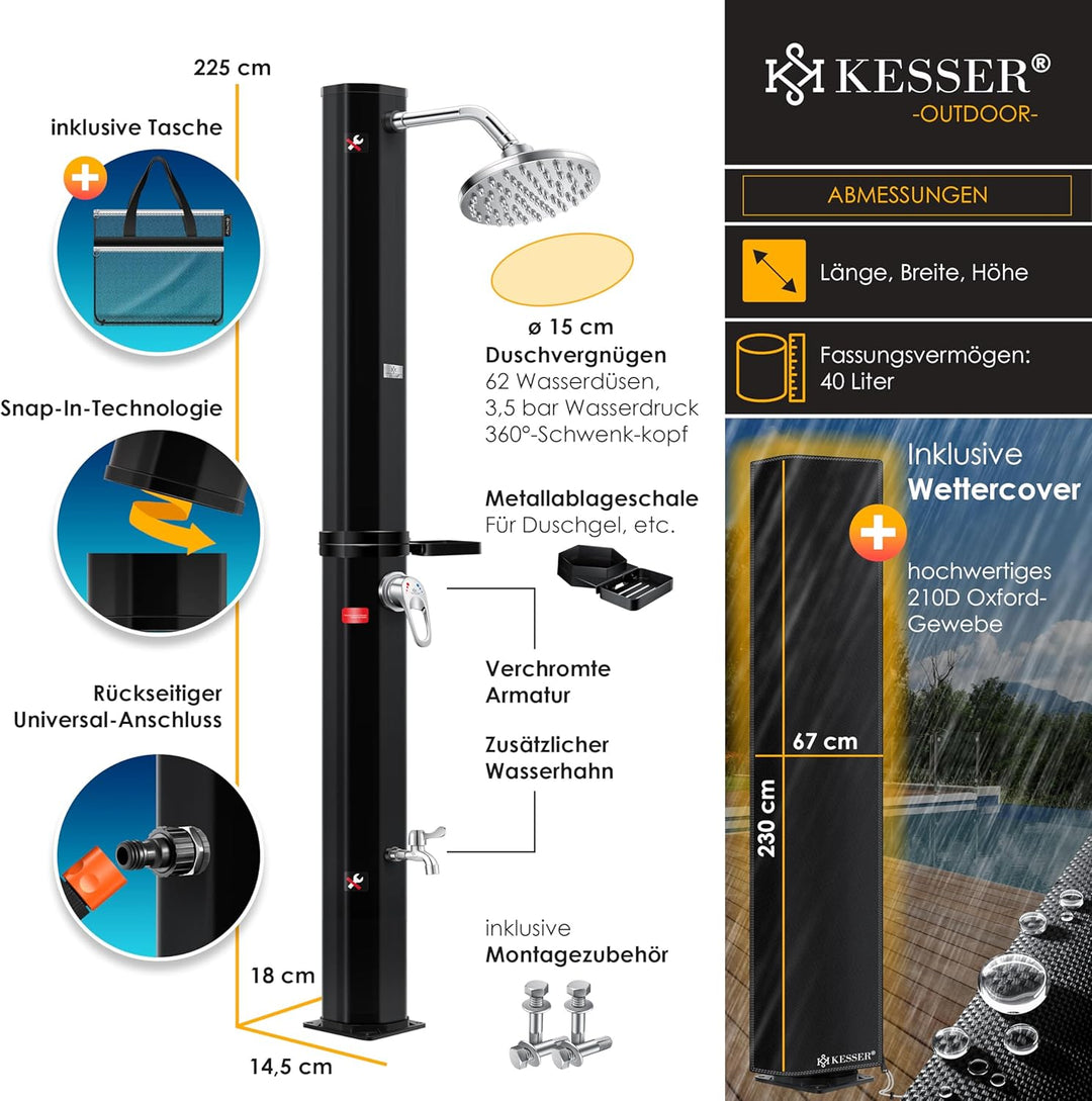 KESSER® Solardusche 40 Liter Solar Gartendusche | warmes Wasser | max. 60°C | Inkl. Schutzhaube | oh
