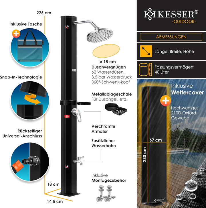 KESSER® Solardusche 40 Liter Solar Gartendusche | warmes Wasser | max. 60°C | Inkl. Schutzhaube | oh
