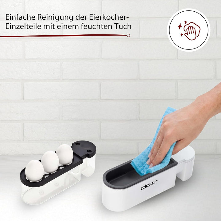 Cloer 6021 Eierkocher, bis zu 3 Eier, herausnehmbarer Eierträger, Servierfunktion, 300 Watt, Kunstst