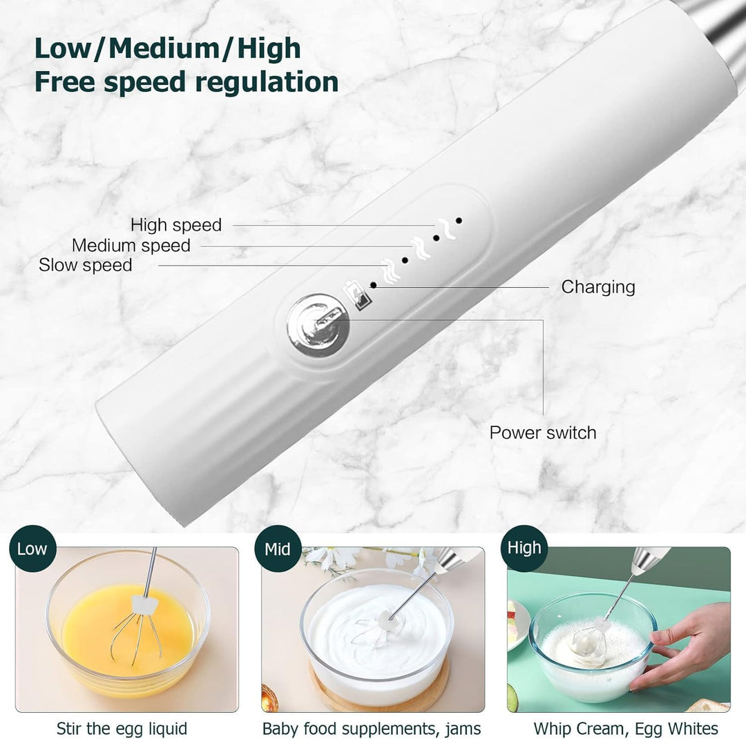 Elektrischer Milchaufschäumer Stab USB-wiederaufladbar 3 Einstellbare, 2 Schneebesen, Ständer Shaker