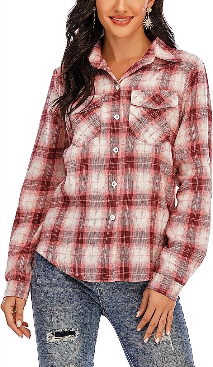 Yukiuiny Damen Karierte Bluse 100% Baumwolle Langarm Weiches Flanellhemd Casual Button-down Holzfäll