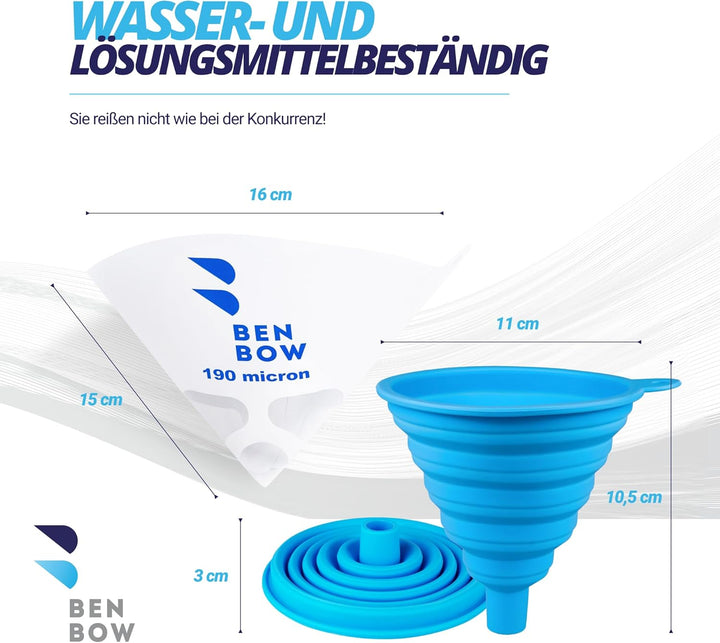 BenBow Lacksieb 190µ x 1000 Stück - Einweg-Papierfilter mit Nylongewebe und praktischer Silikontrich