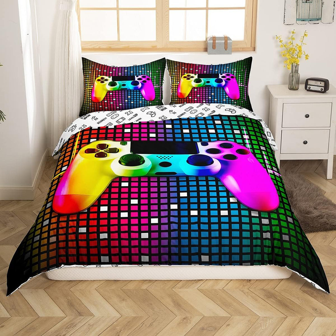 Tbrand Buntes Gamepad Bettwäsche Set 135x200cm Geometrisches Gitter Bettbezug Set Kinder Jungen Mädc