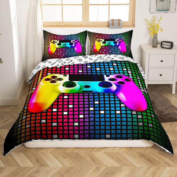 Tbrand Buntes Gamepad Bettwäsche Set 135x200cm Geometrisches Gitter Bettbezug Set Kinder Jungen Mädc