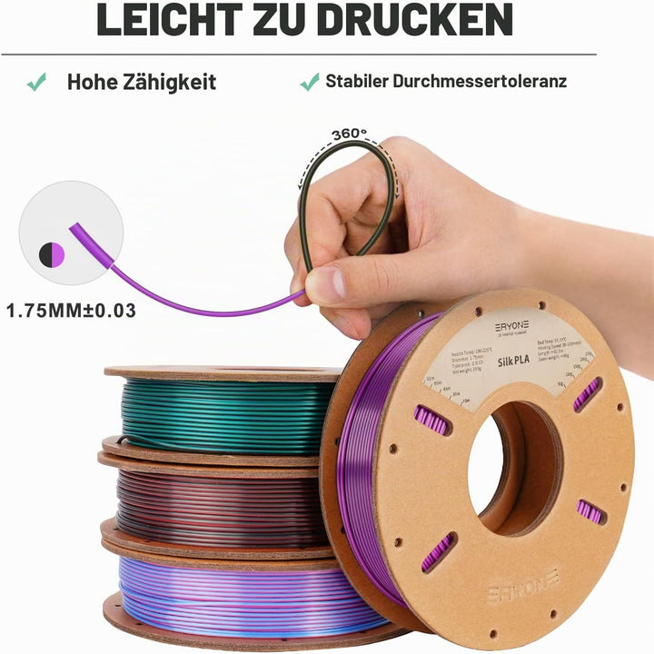 ERYONE Dual Zweifarbig Silk PLA Filament 1.75mm, 3D Printer Filament PLA +/-0.03mm, 4x250g /Pack, Ro
