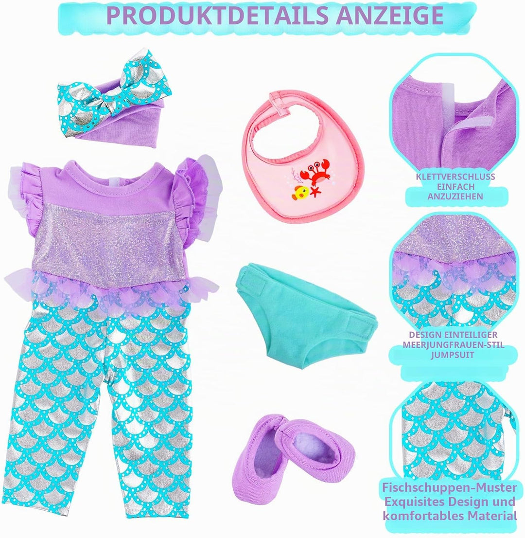 Meerjungfrau Puppen Set 40-46 cm - Zubehör für Baby Puppen mit Strampler, Kuscheldecke, Haarband, Wi