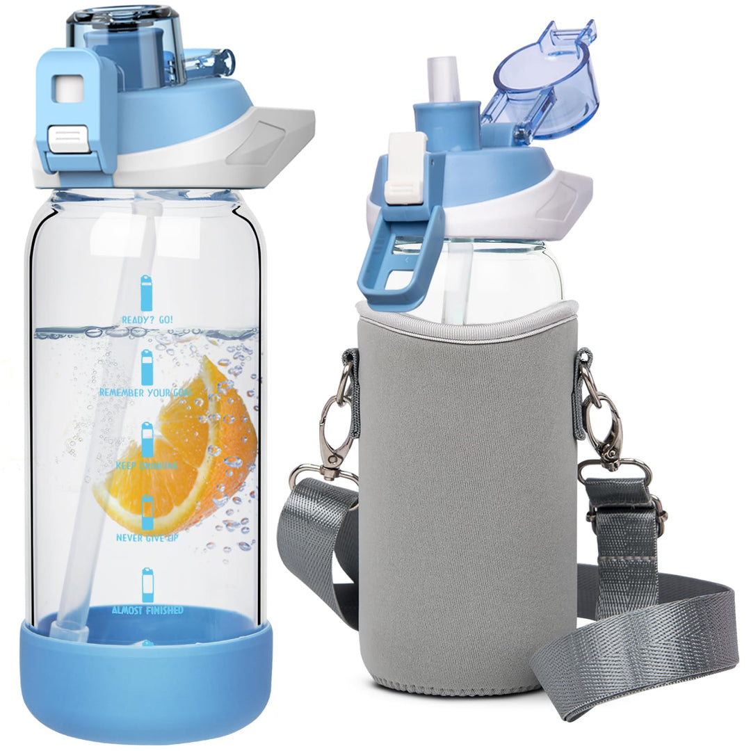 Seekua 0.6l Sport Trinkflasche Glas Flasche mit Strohhalm & Zeitmarkierung für Kinder, Schule 600ml