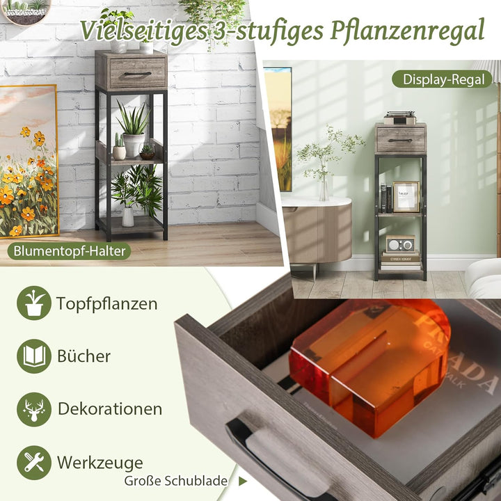 COSTWAY 3 Etagen Metall-Pflanzenständer, 60 kg, Blumenständer mit Schublade, Pflanzentreppe mit Kipp