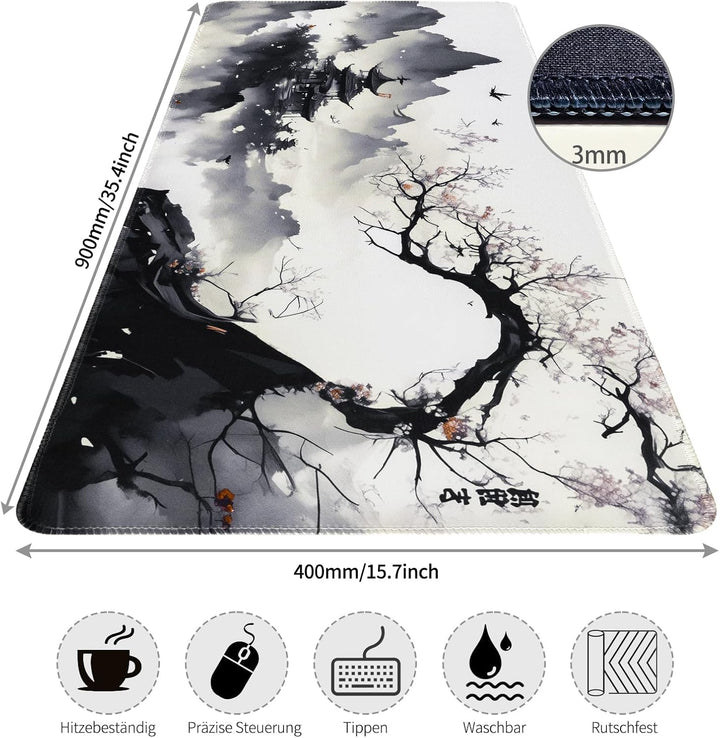 Gaming Mauspad XXL Tuschemalerei-Muster rutschfest Schreibtischunterlage 900x400mm,Anime Mousepad fü