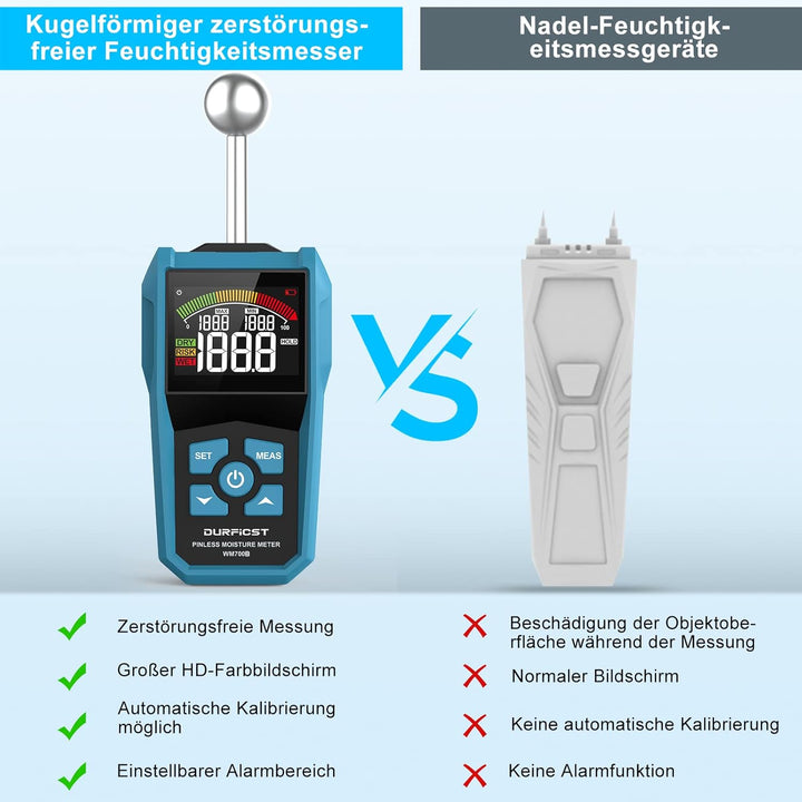 Feuchtigkeitsmessgerät，DURFICST Feuchtigkeitsmesser mit Farb-LCD und Akustischem Alarm，Geeignet für