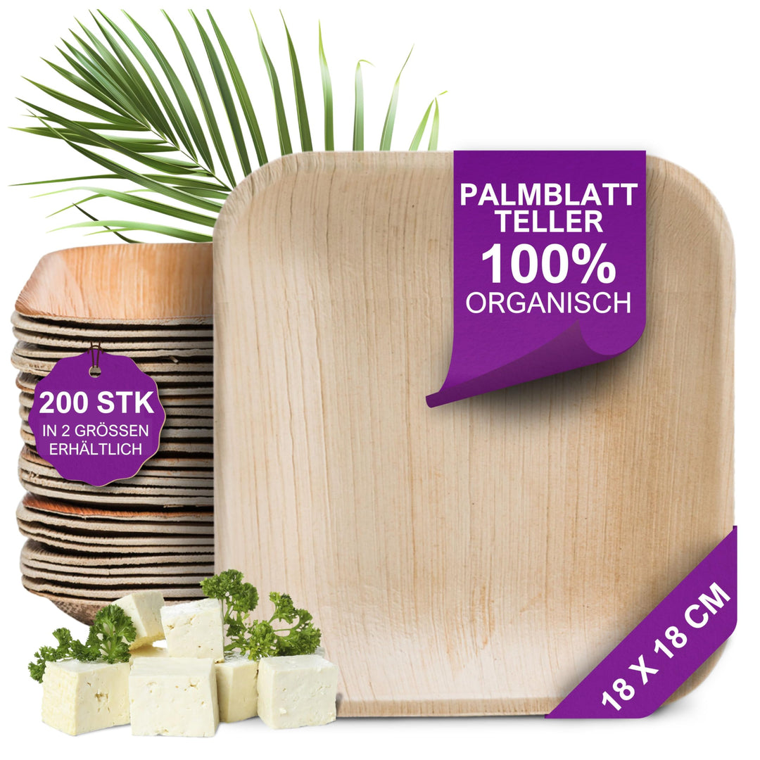 Waipur Bio Palmblatt Teller - 200 Teller eckig 18x18 cm - Premium Einweggeschirr kompostierbar - Umw