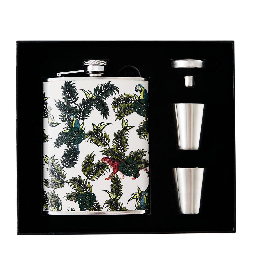 Luxuriöses 237 ml Edelstahl-Flachmann-Geschenkset mit 2 Schnapsgläsern und Trichter, lederbedruckter
