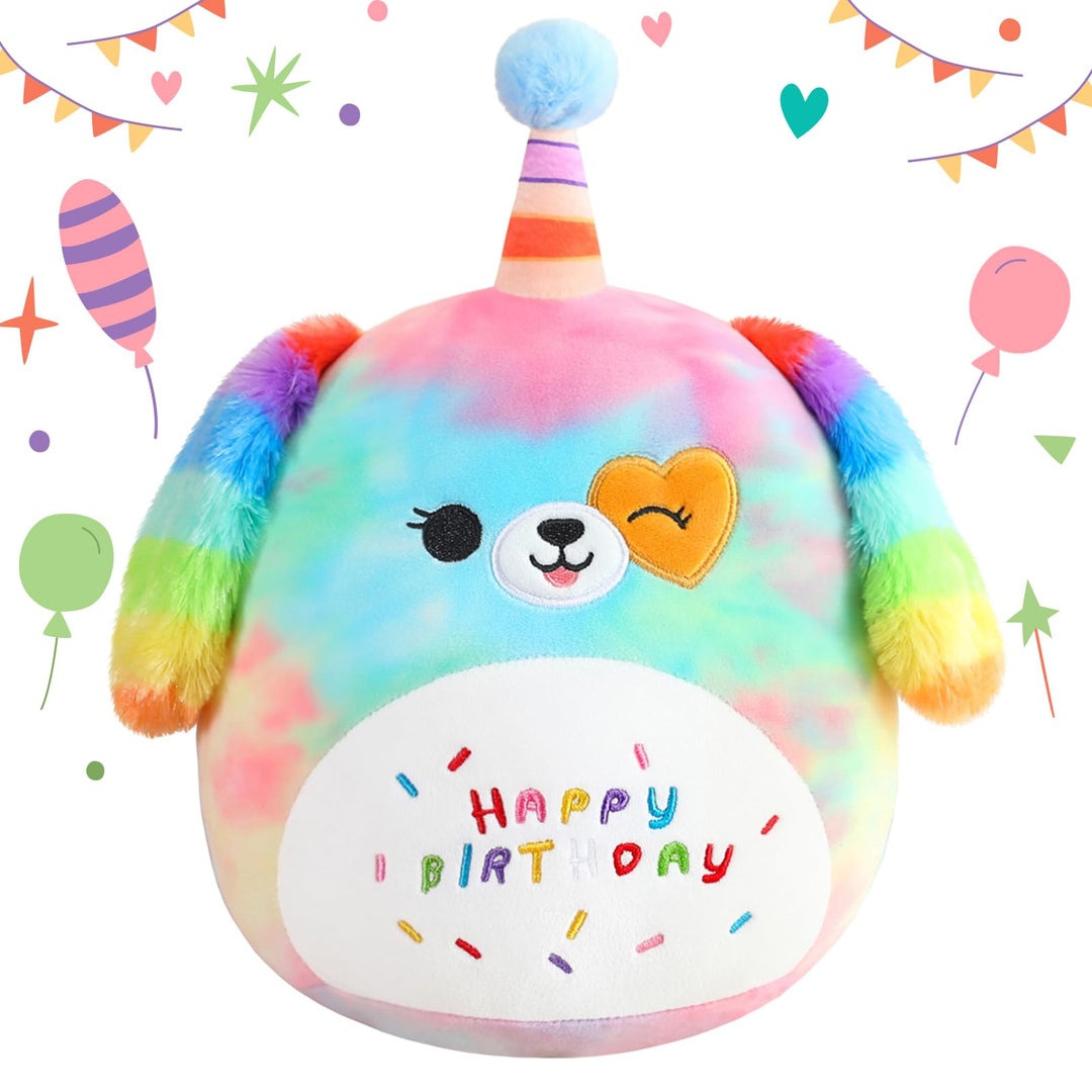 SQEQE Happy Birthday Stuffed Animal Rainbow Dog Soft Toys Cute Plush Pillow Unicorn Dog Plush Toy fo