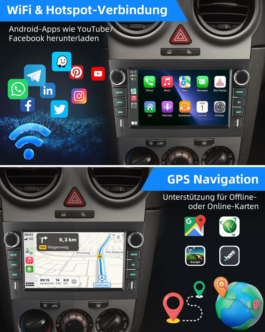 ESSGOO 4+64G Wireless Autoradio Android 14 mit Carplay und Android Auto Für Opel Corsa C/D Zafira B
