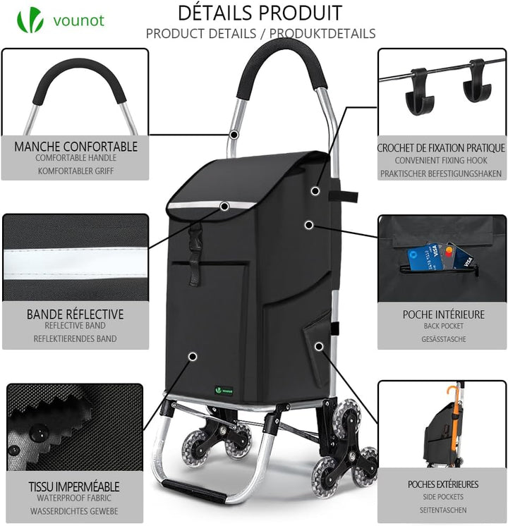 VOUNOT® Aluminium Einkaufstrolley Treppensteiger, 3 in 1 Trolly Einkaufswagen Klappbar, Hackenporsch