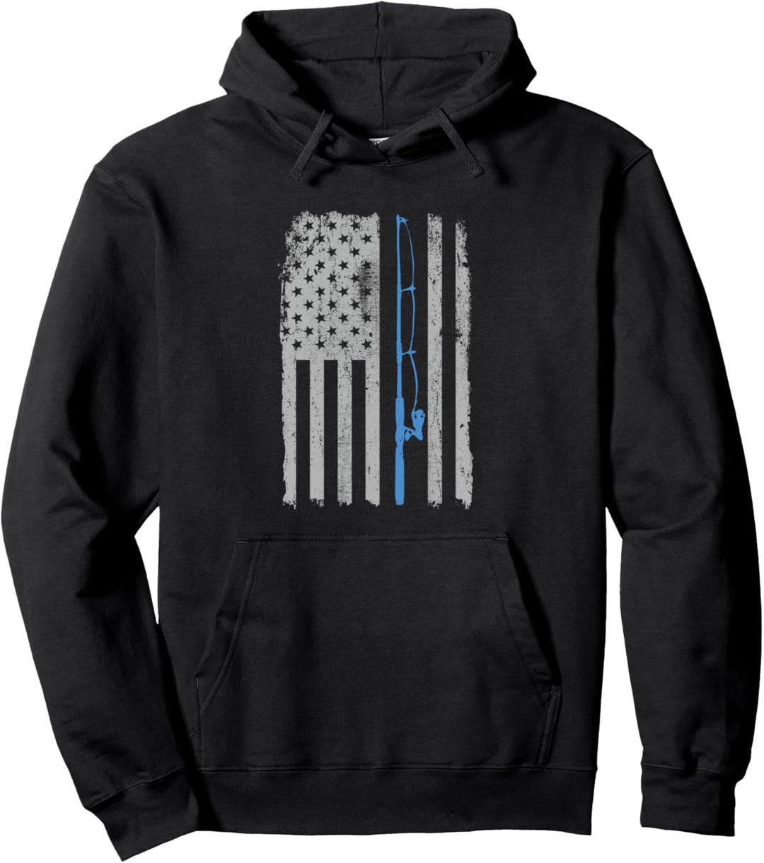 American Flag Fishing Rod Blue Line Vintage Fisherman Funny Pullover Hoodie