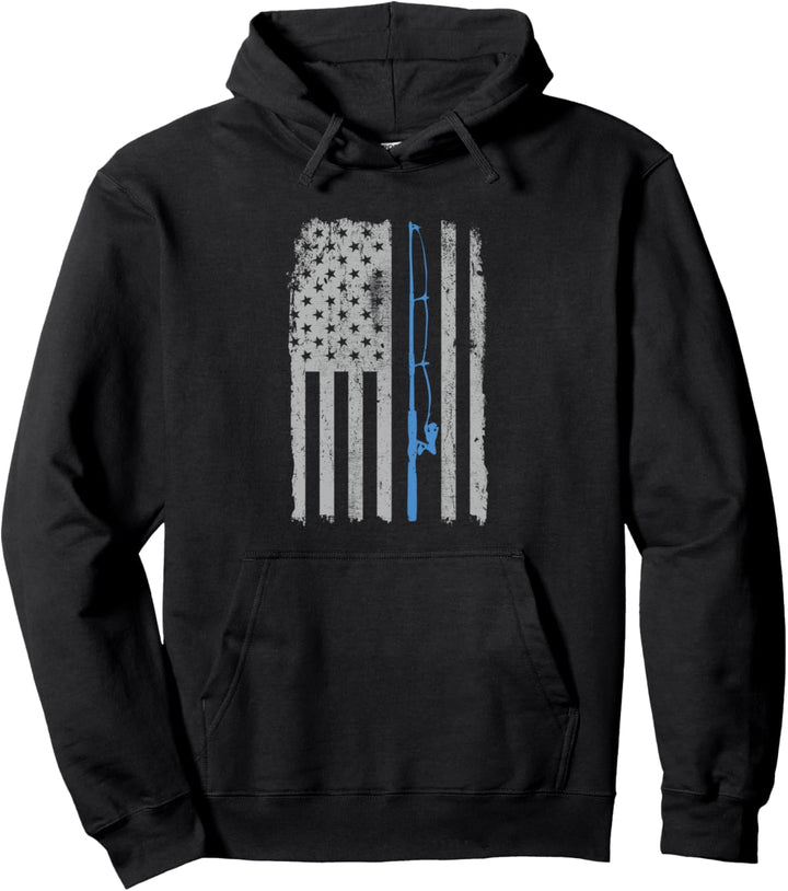 American Flag Fishing Rod Blue Line Vintage Fisherman Funny Pullover Hoodie