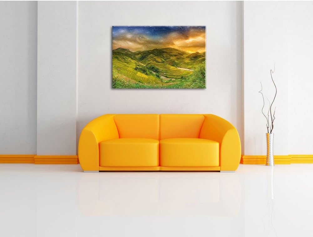 Pixxprint Berg Farm in Asien / 100x70cm Leinwandbild bespannt auf Holzrahmen/Wandbild Kunstdruck Dek