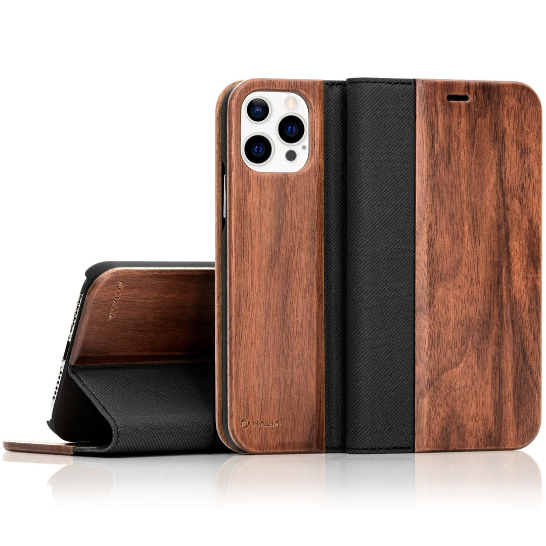 NALIA Echt-Holz Flipcase kompatibel mit iPhone 13 Pro Max Hülle, FSC zert. Natur Holzhülle mit Stand