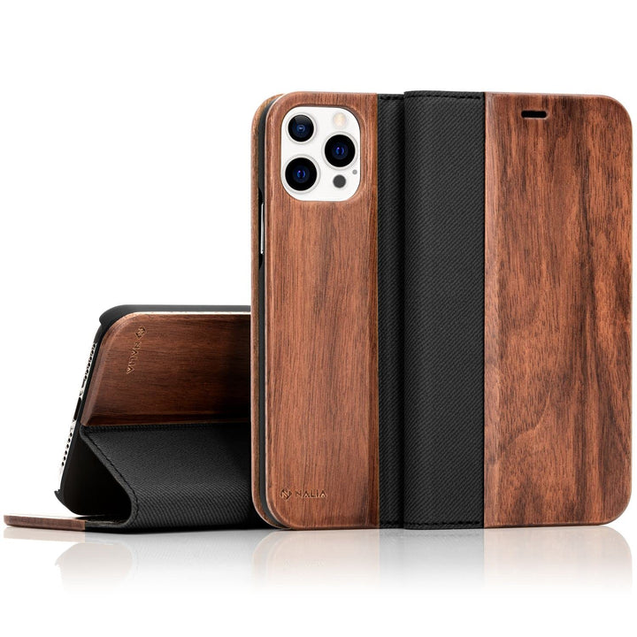 NALIA Echt-Holz Flipcase kompatibel mit iPhone 13 Pro Max Hülle, FSC zert. Natur Holzhülle mit Stand