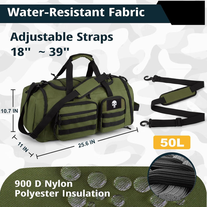 Taktische Sporttasche für Herren, 50L Grosse 3-in-1-Sport-Reisetasche mit Schuhfach, Wasserabweisend