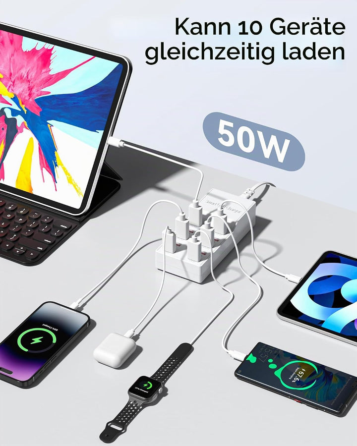 USB Ladegerät Mehrfach, Binamao 50W USB Ladegerät 10-Port Multi USB Netzteil, USB-A Ladestation Mehr