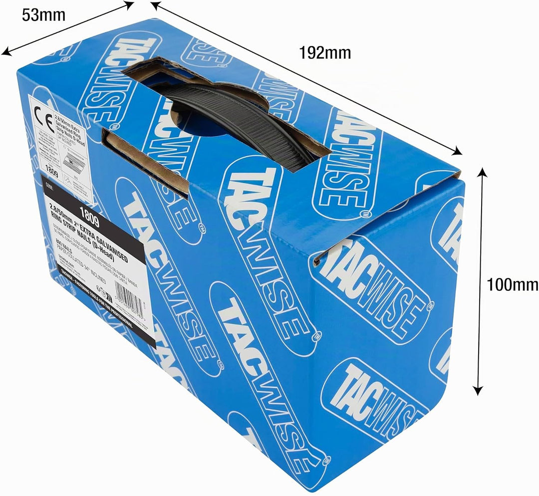 Tacwise 1809 Extra Verzinkte Rahmennägel 2,8/50 mm, 34°, 800 Stück | D-Kopf, Ringschaft, mit 34° Nei
