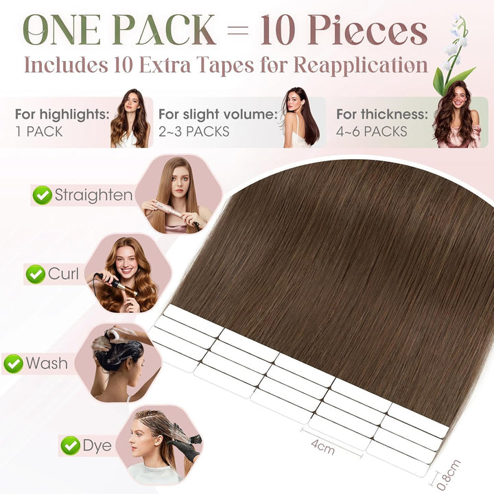 Elailite 10 Stück Tape Extensions Echthaar (15g) + 10 Pcs Invisible Klebeband Haarverlängerung Klebe