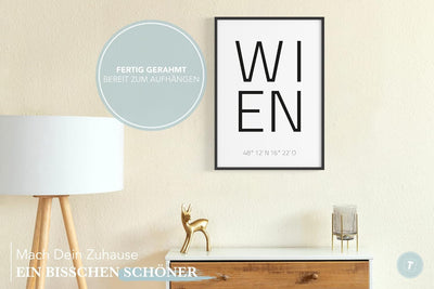 Papierschmiede® Geo Poster Koordinaten Wien, A3 Gerahmt im Holzrahmen (schwarz), Stadt Bild als Wand