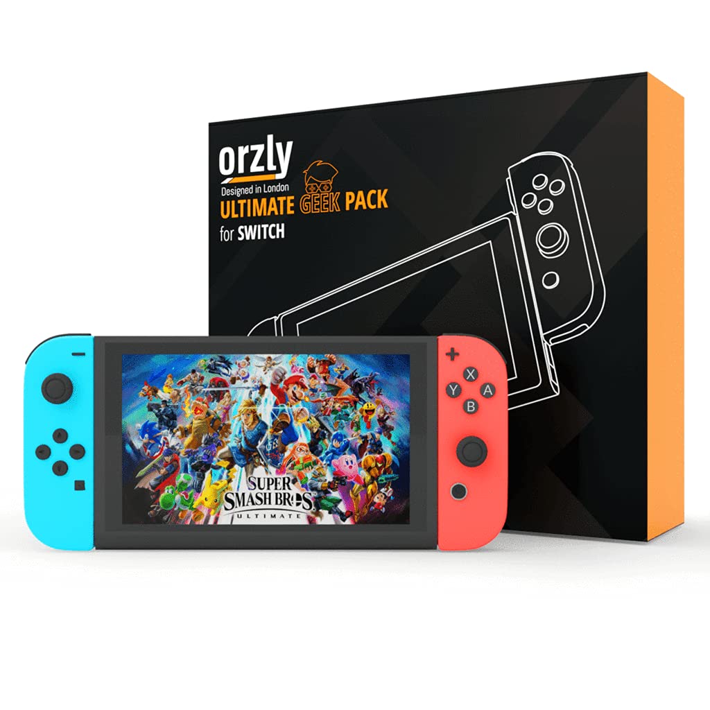 Switch Accessories Bundle - Orzly Geek Pack for Nintendo Switch: Case & Screen Protector, Joycon Gri