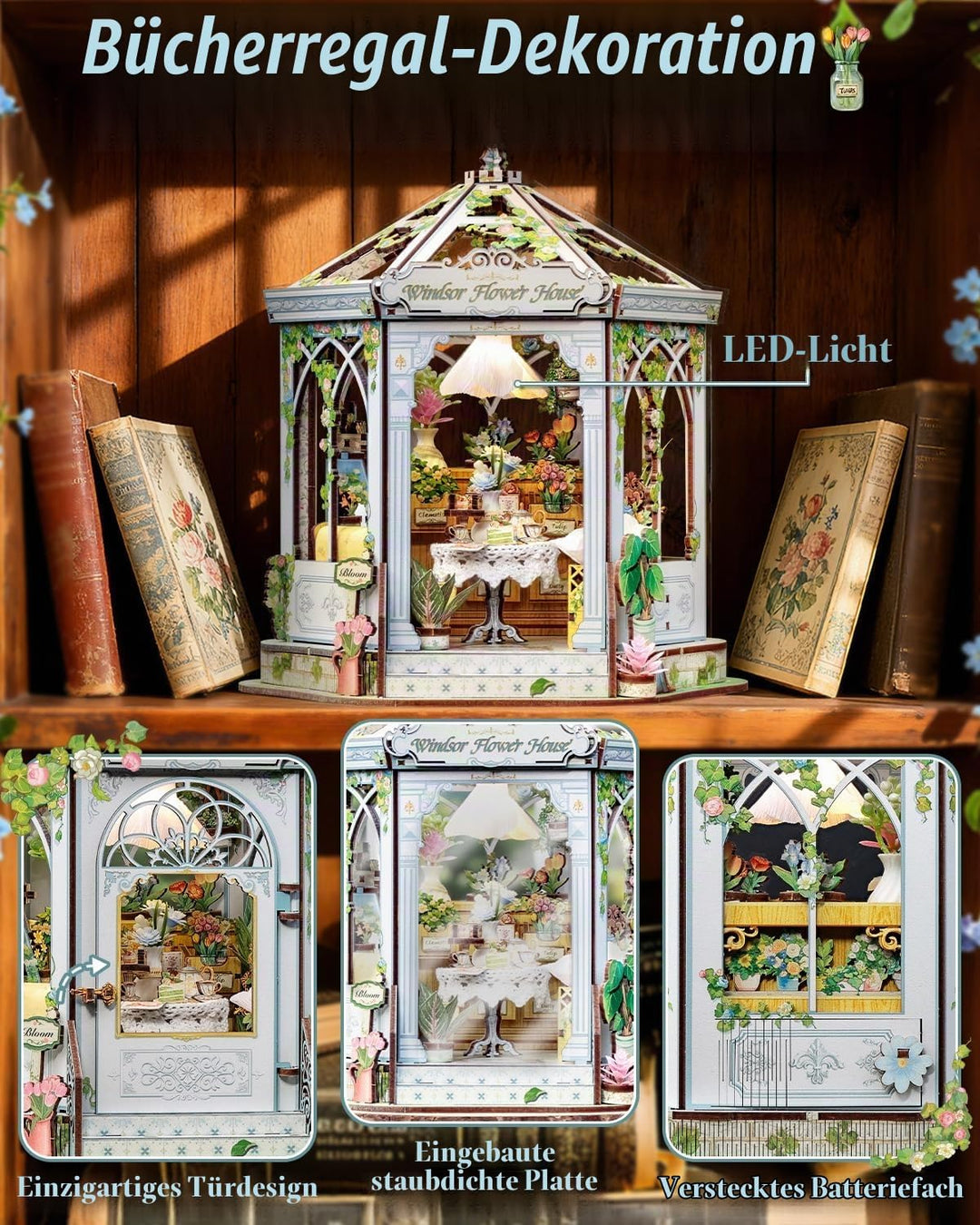 CUTEBEE Europäisch-Retro 3D-Puzzle Book Nook Puppenhaus-Set, eleganter Wintergarten mit Afternoon-Te