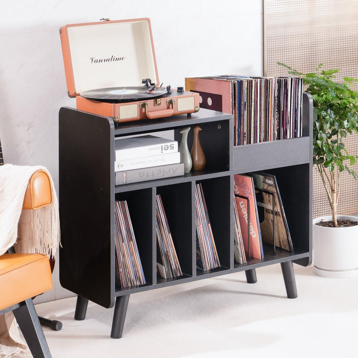 Plattenspielertisch, Plattenspielerständer aus der Mitte des Jahrhunderts mit Vinylaufbewahrung für