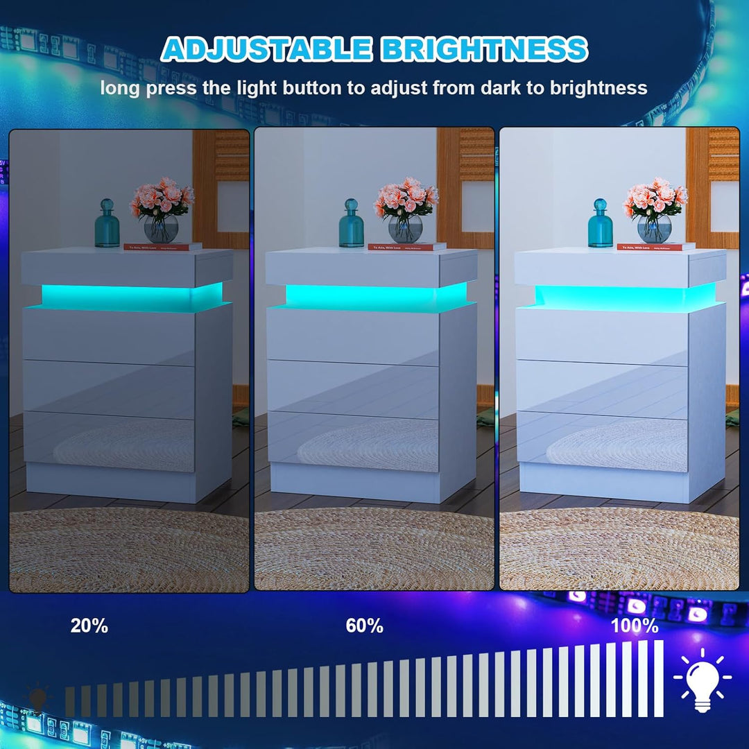 Lvhcmfohm Nachttisch Weiss mit Led, Nachtschrank, Nachtkommode mit 2 Schubladen und Schränke mit Kla