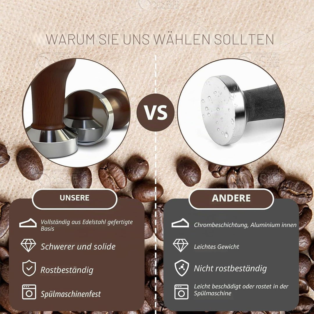 Kaffeetamper 51mm mit Echtholzgriff & Silikonmatte – Massiver Espressostempel für präzises Tamping –