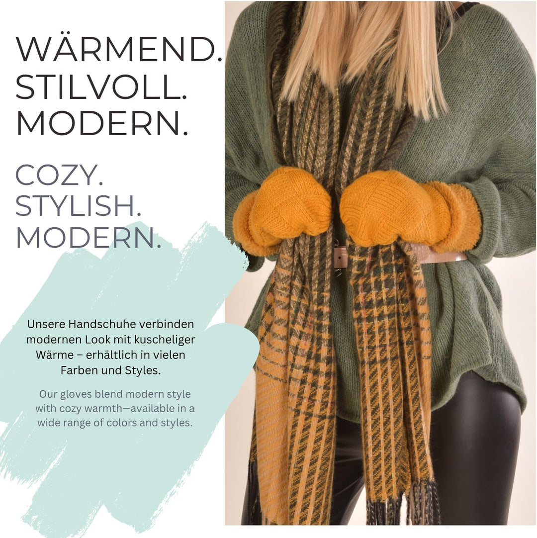 styleBREAKER Damen warme Winter Strick Fäustlinge, Handschuhe mit Rauten Muster, Thermo Fleece, Stri