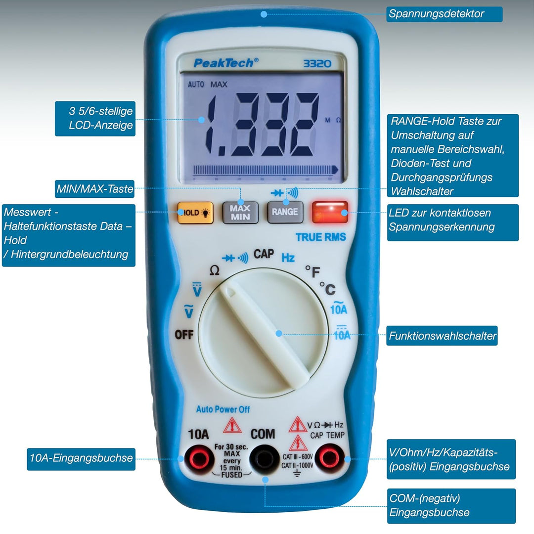 PeakTech 3320 Digitales Multimeter mit TrueRMS, 10 A AC/DC, 6.000 Zähler, tragbares Multimeter, Volt