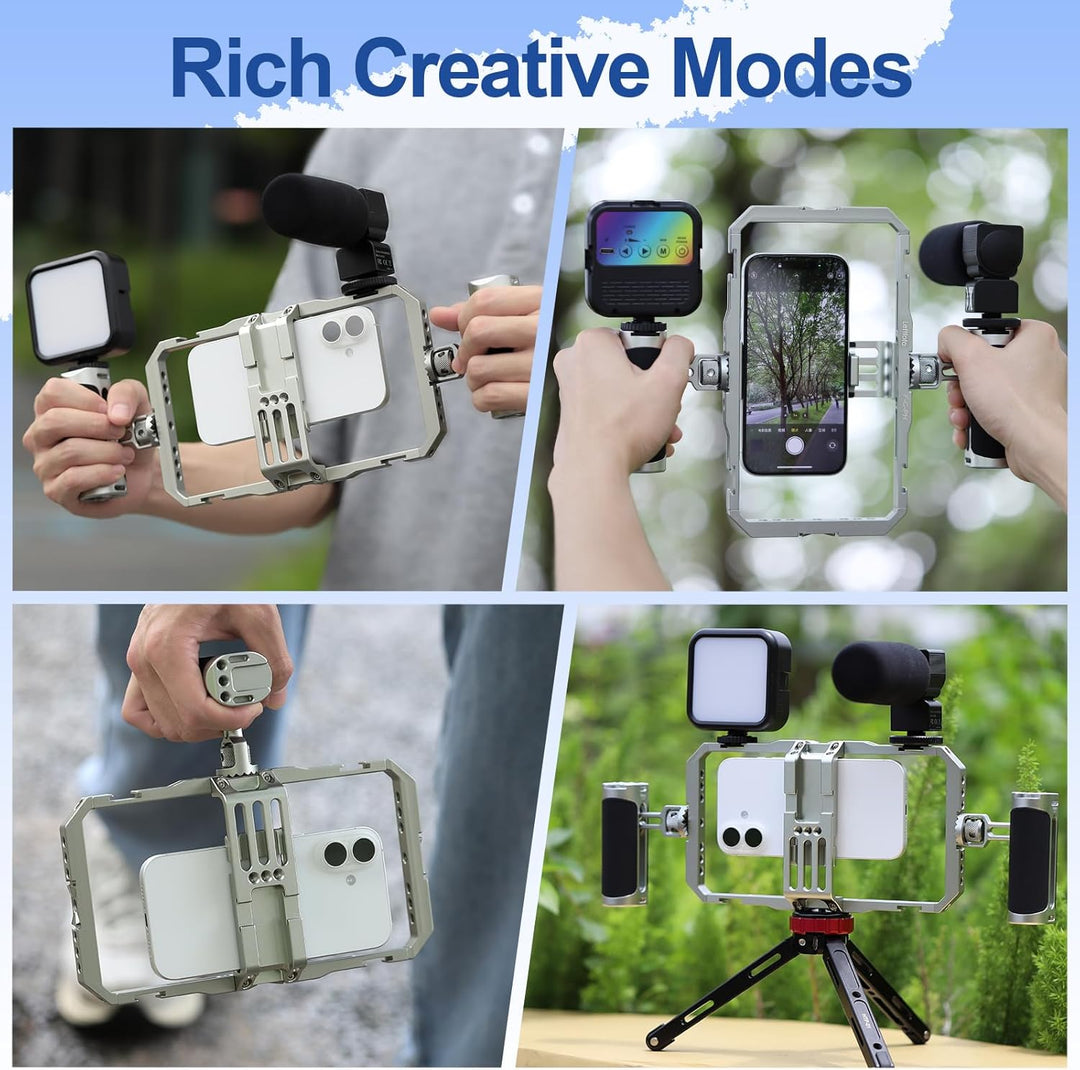 Leftfoto Universeller Aluminium-Stabilisator-Käfig, Smartphone-Video-Rig mit zwei Griffen für iPhone