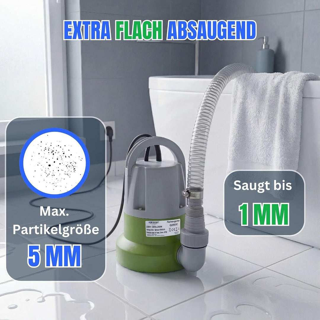 Tauchpumpe flachsaugend bis 1mm 250 Watt Flachsaugpumpe mit integriertem Schwimmer und Überhitzungss