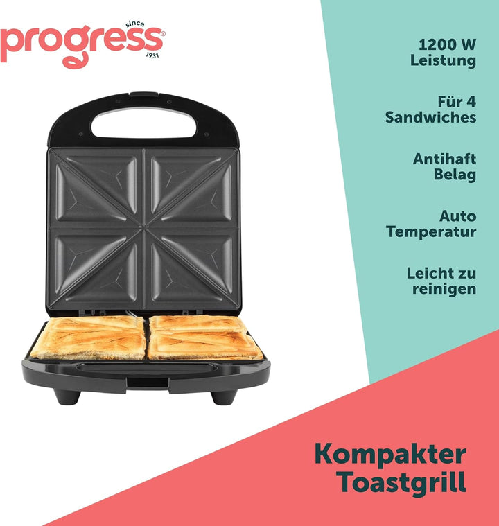 Progress Sandwich-Toaster – Antihaftbeschichteter Toastie-Maker, Bereitet 4 getoastete Sandwiches, 4