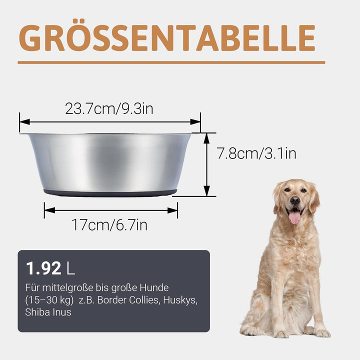 PEGGY11 Tiefer Hundenapf aus Edelstahl mit rutschfestem Silikon, 2er Pack, 1,92L, Futternapf und Tri
