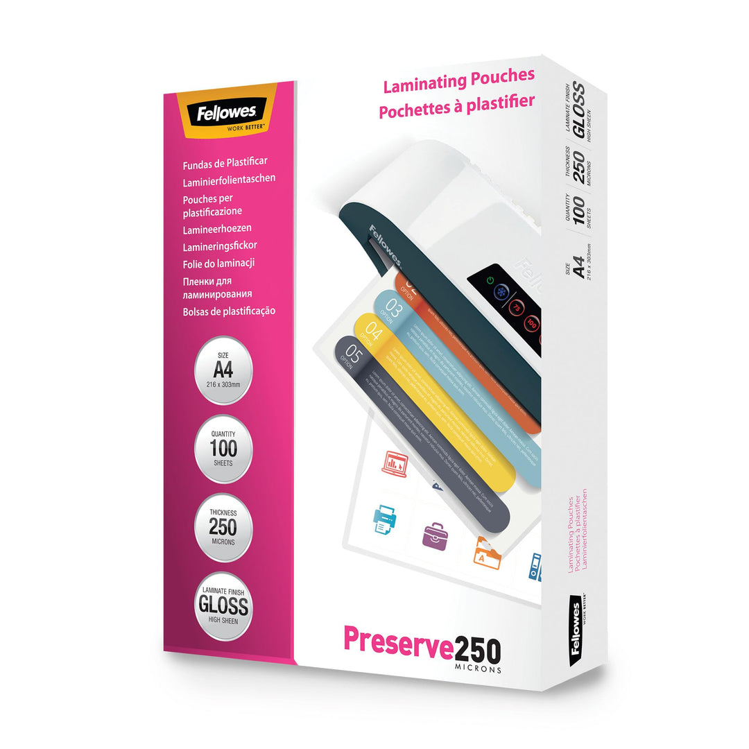 Fellowes Laminierfolien A4, 250 Mikron (2 x 250 mic), Heisslaminierfolien mit glänzendem Finish, seh