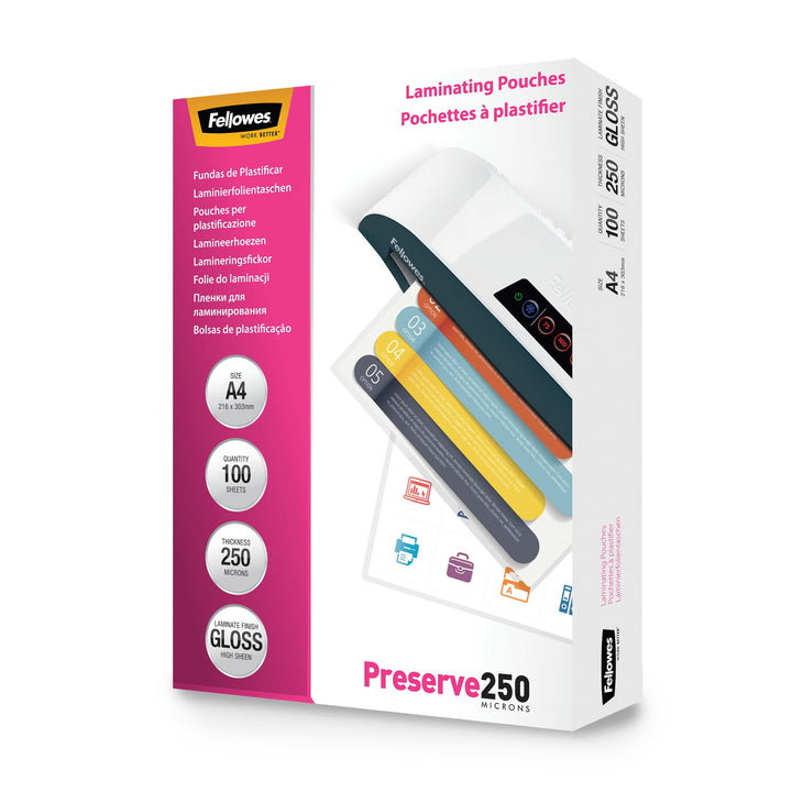 Fellowes Laminierfolien A4, 250 Mikron (2 x 250 mic), Heisslaminierfolien mit glänzendem Finish, seh