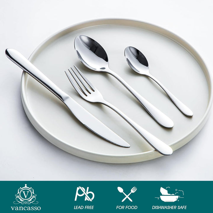 vancasso Besteck Set 12 Personen, 48-Teilig Siber Besteckset mit Messer/Gabel/Löffel/Dessertlöffel,